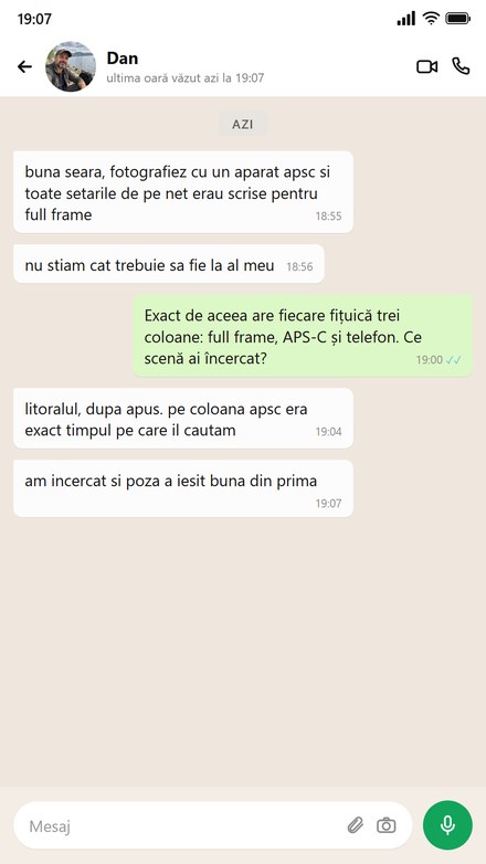 Cineva cu aparat APS-C scrie că, datorită celor trei coloane, a știut ce să seteze
