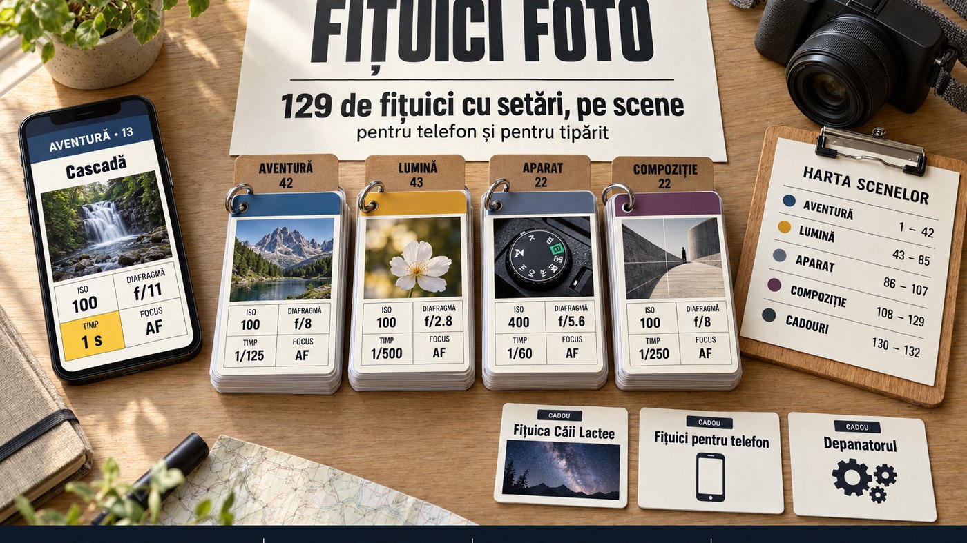 Tot pachetul pe masă: telefonul cu o fițuică, cele 129 de fițuici pe scene, Harta scenelor și cele 3 cadouri, lângă un aparat foto