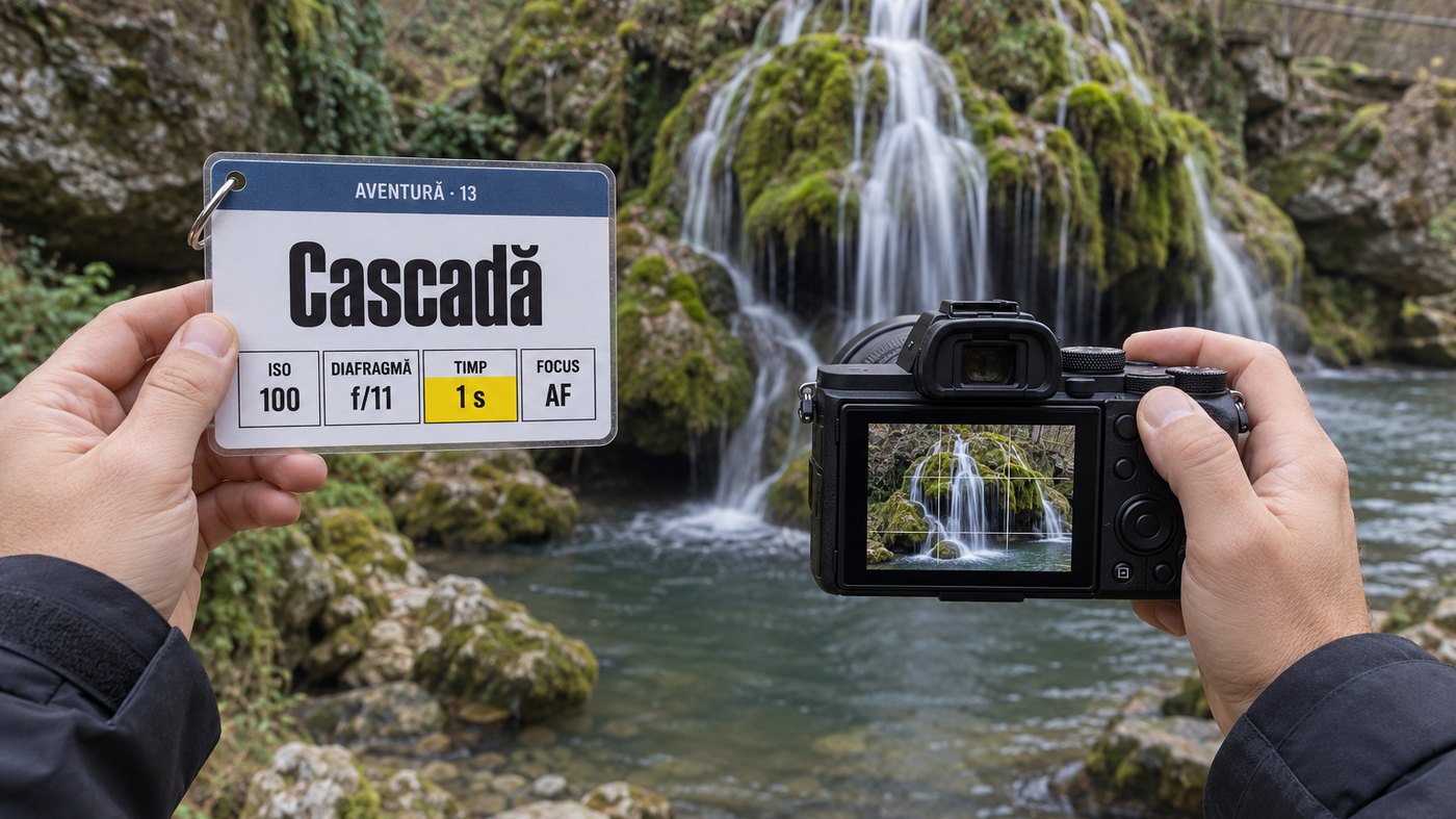 O mână ține aparatul în fața unei cascade, în cealaltă fițuica „Cascadă” cu cele patru cifre